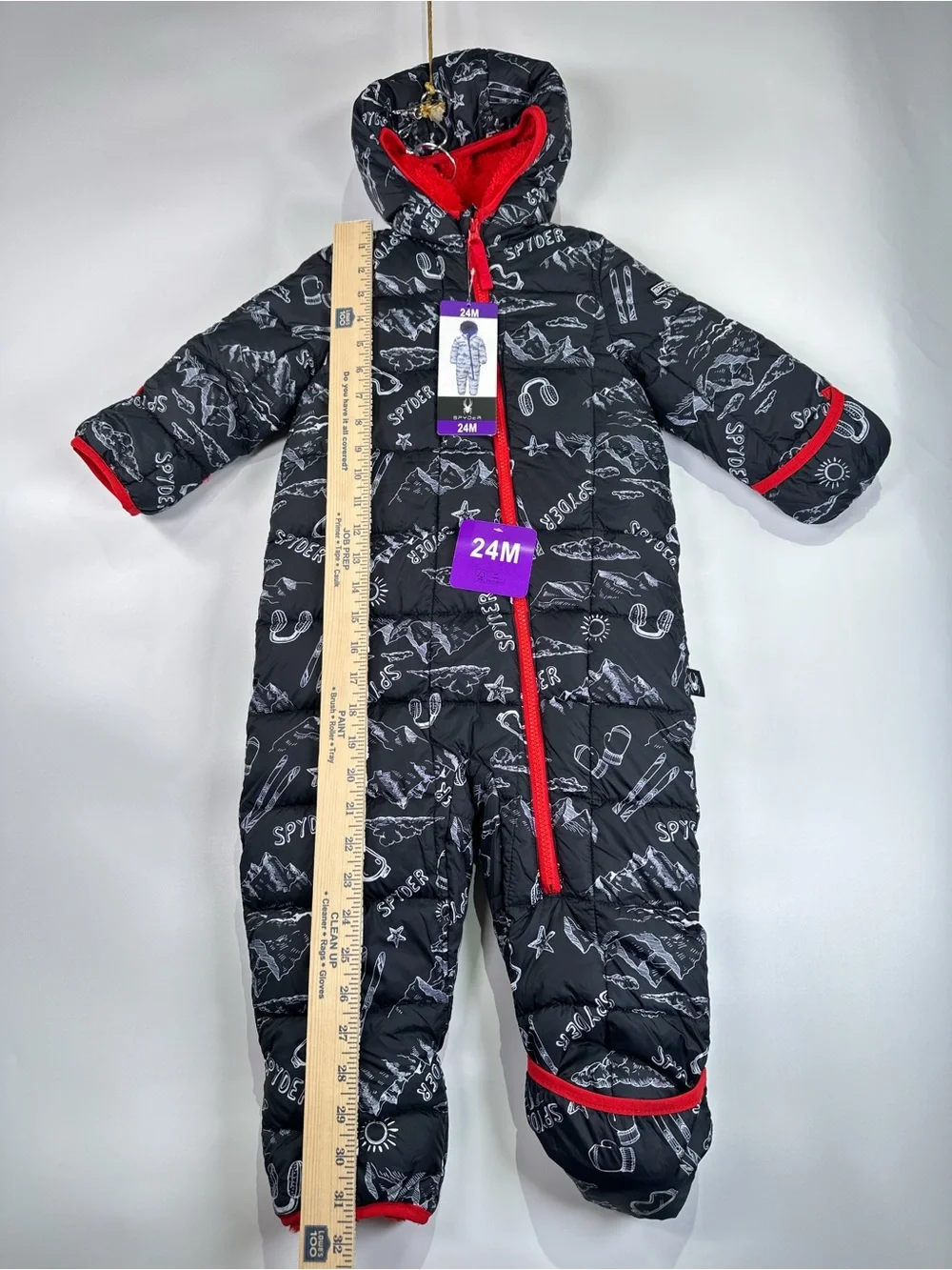 Spyder Snowsuit Bunting Hooded Sherpa Lined Doodle Print Black Red 24M